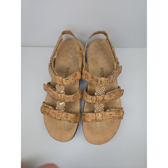 Vionic Amber-Tan Adjustable Sandals Cork Look, Gold Foil Accents Women's Size 10 - Picture 3 of 12
